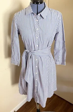 Tommy Hilfiger Women Blue Shirt Dress Pin Stripe 3/4 Sleeve Button Collar thumbnail 1