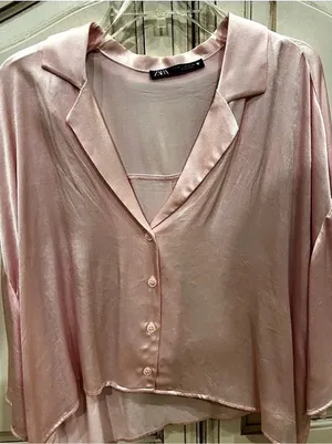 Zara pink satin effect crop top button up Size XS thumbnail 4