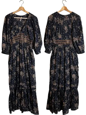 Free People Golden Hour Floral Maxi Dress Women's XS Black Ruffle Smocked Boho thumbnail 5