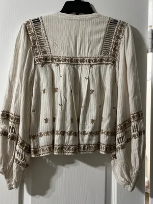 Free People Cream Boho Embroidered Peasant Blouse with Tan Accents thumbnail 6
