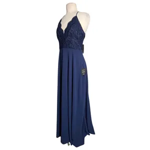 NWT LULU’s Women’s Navy Blue Chiffon Lace Maxi Full Length Dress Gown thumbnail 8