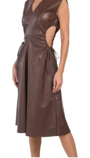 7 For All Mankind Dress Womens S Brown Faux Leather‎ Cutout Midi NEW thumbnail 1