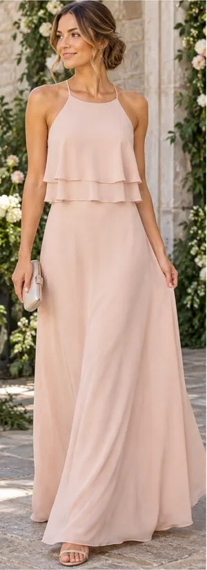 💥Jenny Yoo Charlie Blush Chiffon Ruffle Halter Bridesmaid Maxi Gown Sz 2 🧡 thumbnail 1