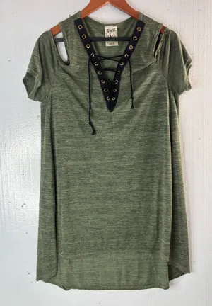 Vocal L Lace Up Studded Cold Shoulder Tunic Top thumbnail 1