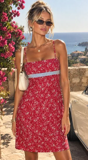 2/S red floral spaghetti-strap dress sundress mini vintage 90's Ann Taylor thumbnail 1