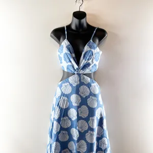 Abercrombie Julia Cutout Tie Back Shell Print Linen Blend Maxi Slip Dress Blue thumbnail 3