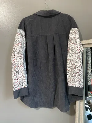 SHEIN grey corduroy button up shirt with leopard print sleeves thumbnail 3