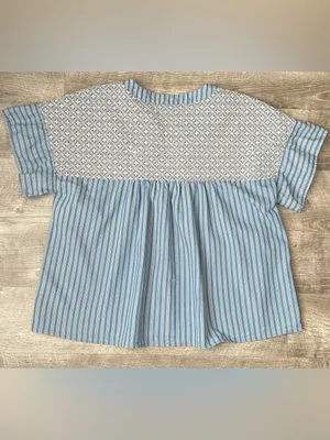 Boho Blue Patterned Short-Sleeve Tunic Top - Lightweight Peasant Style thumbnail 4