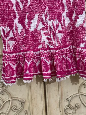 Farm Rio Tropical Woodcut Dress Pink Floral Appliqué Lace Resort Wear Smocked L thumbnail 8