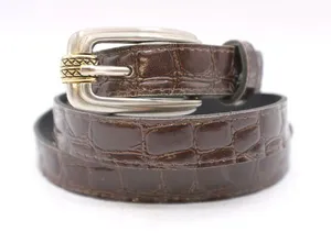 Brown Croc Embossed Vegan Leather Belt -18 Western Y2K Retro Silver Gold Buckle thumbnail 1
