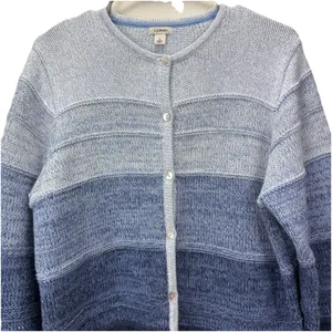LL Bean Blue Ombré Stripe Chunky Knit Button‎ Cotton Cardigan Sweater LARGE thumbnail 3