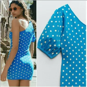 ZARA // turquoise polka‎ dot 1 puff shoulder knit size L thumbnail 5