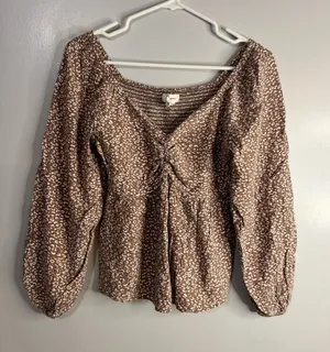 Japna Tan Brown Printed Long Sleeve Peasant Top Size Medium thumbnail 1