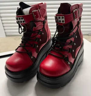 Red Platform Boots Gothic Punk Studded Mesh Wedge Ankle Boots Red Black Size 38 thumbnail 1