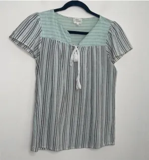 Ava James Mint and Grey Striped Cap Sleeve Babydoll Blouse Top Career Office thumbnail 1