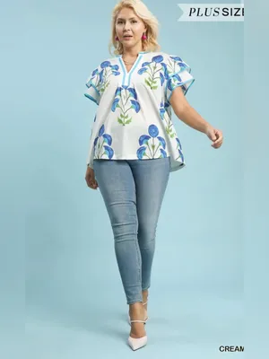 New! Umgee Plus Cotton Cream Floral Popover Top with Blue Accents Size 1X thumbnail 3