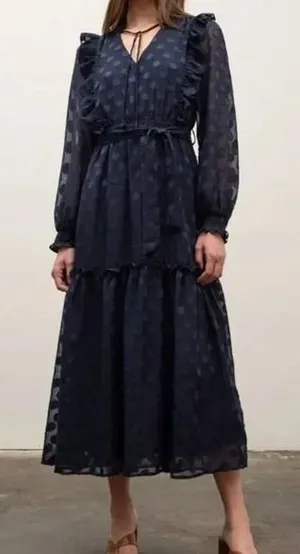 Moon River‎ Navy Polka Dot Midi Dress Small Sheer Long Sleeve Ruffle Tie Belt thumbnail 1