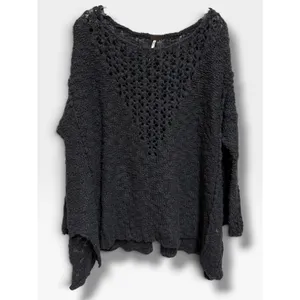 Free People Pretty Pointelle Vee Sweater Small Charcoal Oversized Open Knit thumbnail 3