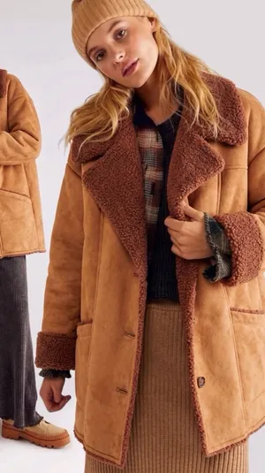 Free People Western Bohemian Retro 70s Faux Sherpa Suede Diogo Coat Size XL thumbnail 1