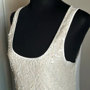 Express Dressy Women’s Ivory Translucent Sequin Long Scoop Neck Tank Top thumbnail 6