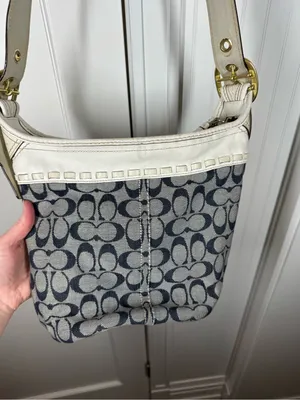 Y2K Coach Bleecker Signature Blue Denim Canvas White Leather Trim Shoulder Bag thumbnail 7