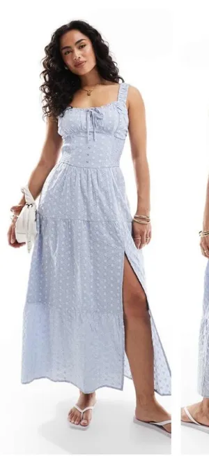 Hollister Sophia Blue Sweetheart Neck Smocked Embroidered Maxi Sun Dress Medium thumbnail 1