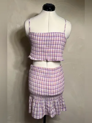 Timing Women’s Smocked Lilac Plaid/Gingham Babydoll Skirt & Top Matching Set|LRG thumbnail 16