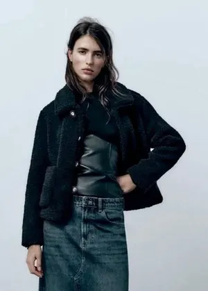 ZARA Black Sherpa Fuzzy Fleece Teddy‎ Coat Faux Shearling Snaps Pockets Small thumbnail 1