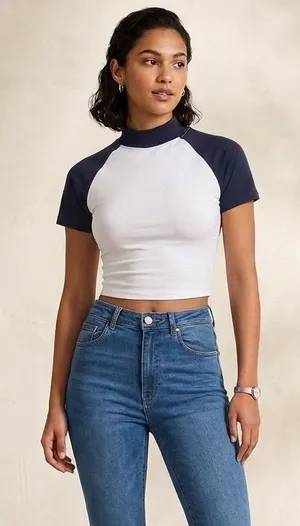 H&M | Raglan Baseball Crop Top - Navy Blue & White XS thumbnail 1
