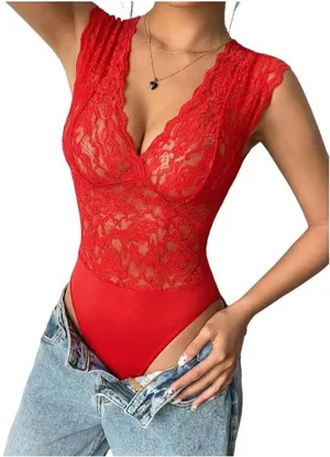 $59 NWT AvidLove Lace Bodysuits V Neck Snap Crotch Teddy in red XL thumbnail 1