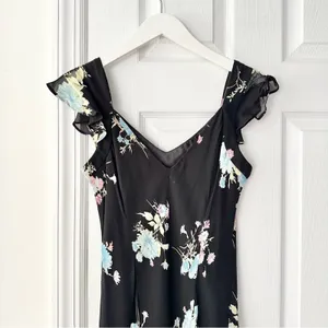 Evan Picone Black Floral 90s V Neck Flutter Sleeve Midi Sun Dress 10P Lined thumbnail 7