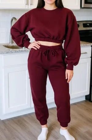 Zenana 2 Pcs Crop Sweatshirt Tracksuit Jogger Pants Set Outfit Active Loungewear Burgundy Size XS thumbnail 9
