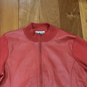 Pendleton Mixed Media‎ Jacket Womens Red Leather Front Merino Wool Zip Large thumbnail 2