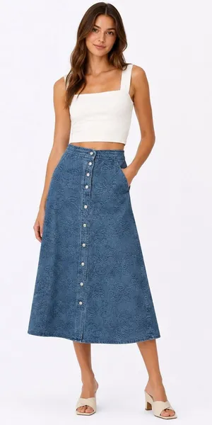 Blue Denim Floral Print Button Front A-Line Midi Skirt thumbnail 1