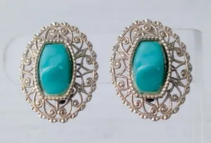 Vintage Clip On Earrings Large Ornate Gold Tone with Green Center thumbnail 1