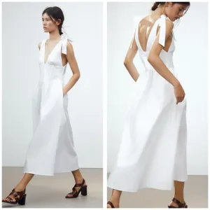 Zara White Poplin Tie Strap Midi Dress Large Milkmaid Corset Drop Waist 0881/334 thumbnail 2