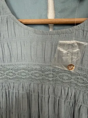 Polagram Dusty Blue Textured Puff-Sleeve Midi Dress with Lace Trim thumbnail 3