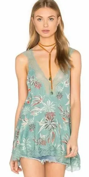 Free People Bellflower Lace Tunic Tank in Seaglass Medium thumbnail 1
