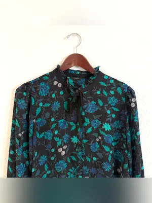 Ann Taylor Womens Shirt Blouse Blue Green Floral Long Sleeve Button Up Large thumbnail 3