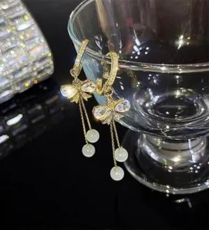 Women's Crystal Bow Tassel Dangle Drop Hoop Earrings Gold thumbnail 2