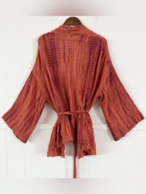 Free People Womens XS/S Tie Dye Kimono Jacket Cotton Gauze Belted Boho Rust thumbnail 4