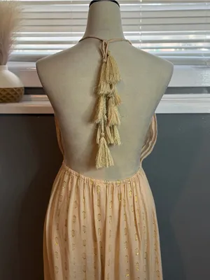 Surf Gypsy Halter Maxi Dress Size M Boho Gold Shimmer Backless Tassel thumbnail 8