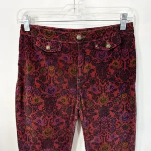 Free People Size 2 Corduroy Flare‎ Pants Burgundy Damask Floral Boho Gothic 1824 thumbnail 3