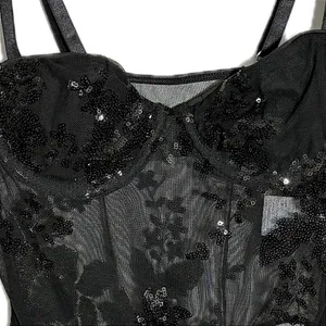 NWT MakeMeChic Sequin Mesh Bodysuit Black Floral Glitter Cami Small thumbnail 6