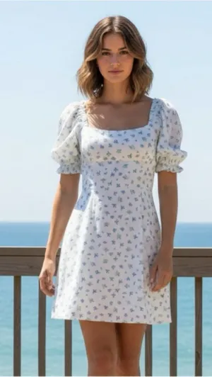 Altar’d State “Shianna” White Blue Ditsy Floral Puff Sleeve Mini Dress Size M thumbnail 1