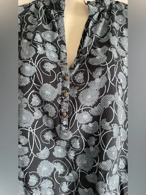 MAEVE by Anthropologie Blue Floral Ruffle-Neck Blouse thumbnail 5