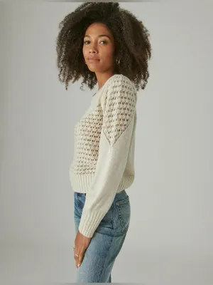 Lucky Brand Ivory Textured Open Knit Dot Sweater Size Small thumbnail 4