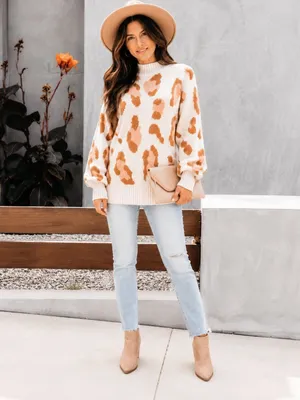 Leopard Print Knit Sweater Lantern Sleeve Pullover Cream Brown NWT Orange Size M thumbnail 3