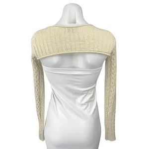 Edikted Cream Beige Cable Knit Long Sleeve Boat Neck Bolero Sweater Crop Top S thumbnail 2