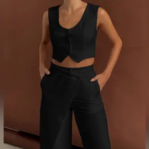 Commense Solid Asymmetrical Straight Leg Pants Set size small Black thumbnail 2